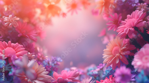 Vibrant floral frame with a dreamy soft focus, romantic concept for wedding invitations and greeting card design with bokeh background