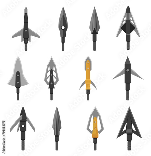 Arrowheads different shape for archery weapon hunting goal aiming set realistic vector