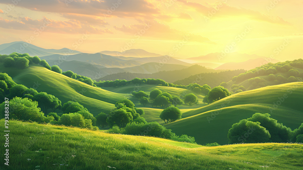 Green hills with trees and fresh green grass at sunset