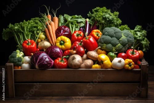 Fresh homegrown vegetables in wooden crate box on table. Eco farm product. Summer organic harvest and healthy food.