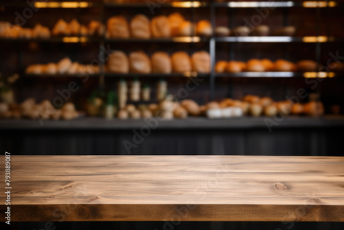 Empty wooden table top in blurred background of department store with bread and bakery products. Space for product display.
