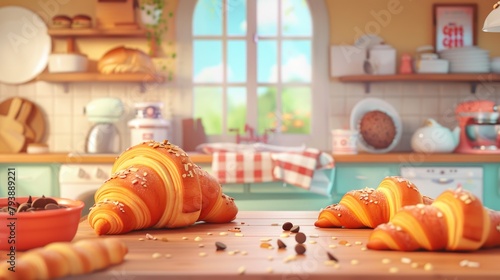Warm Morning Ambiance with Fresh Croissants in Cozy Kitchen Interior