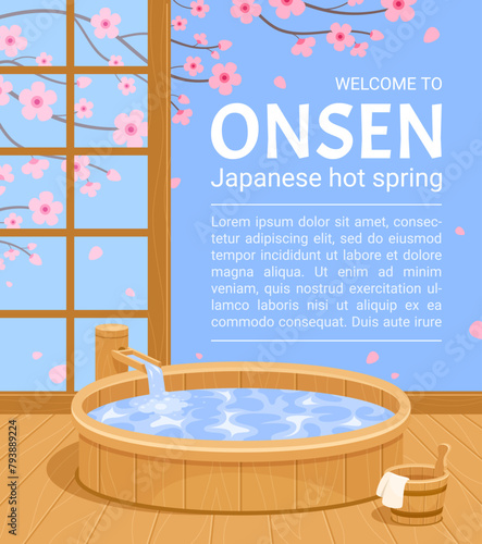 Japanese hot spring Onsen welcome poster design template Sakura background vector illustration