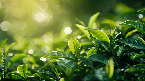 Green tea leaves on the tea plantation in summer. 