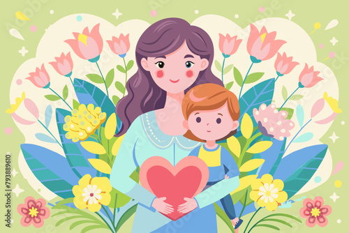 Motherhood Embrace: Loving Mother and Child with Floral Background