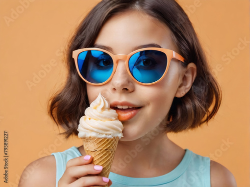 Close-up of a young girl in sunglasses enjoying ice cream on an apricot background.