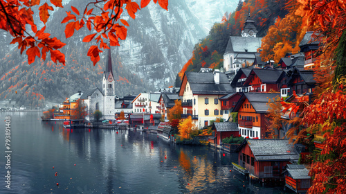 Hallstatt village in Austrian Alps. Beautiful autumn 