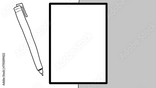 A animation where various pens, pencils and writing instruments appear on the screen. Nearby, an empty blank for filling trembles, dividing the canvas into white and gray zones. photo
