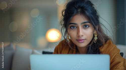 An Indian woman engaged in focused work on her laptop, set against a sleek. Generative AI.