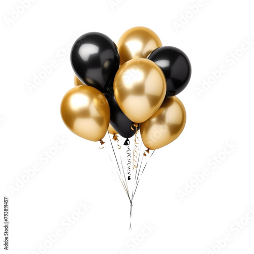 gold and black colored balloons isolated on white or transparent png