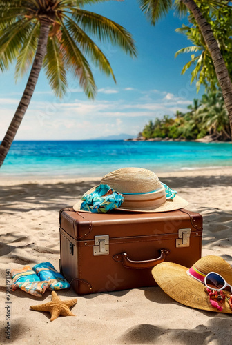 Summer backgrounds of open suitcase with beach accessories on tropical sandy beach at turquoise sea. Summertime holiday scene  scenery. Travel vacation concept. Gen ai illustration. Copy ad text space