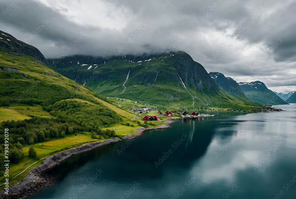 Amazing nature landscape of Norway: greenery hills and mountain in morning with fog. Scenery view green fields, village, glacier river in fiord country. Countryside concept. Gen ai. Copy ad text space