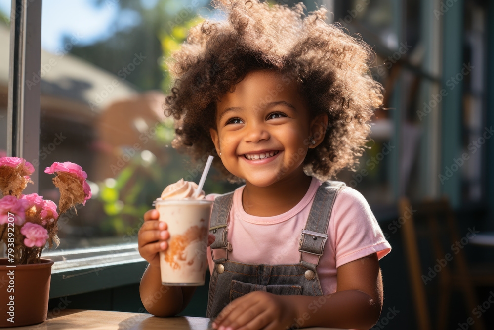 Little African girl eating ice cream in cafe Little African girl eating ice cream in cafe