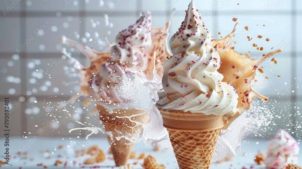 Delicious beautiful ice cream with cone explosions isolated on white background. Generative AI.
