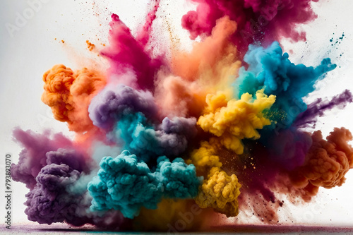 Illustration of abstract powder splatted background, colorful explosion on white. Colored cloud, colorful dust explode for painting Holi. Create backdrop concept. Gen ai illustrate. Copy ad text space