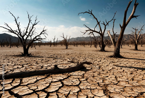 Scenery of dead trees on dry cracked desert earth, skyline panoramic view. Drought, water crisis and world climate change. Global earth ecology problem concept. Gen ai illustration. Copy ad text space