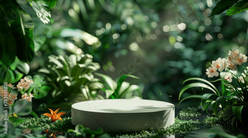 Empty 3D Podium In A Jungle With Floral Backdrop For Showcasing Botanical-Themed, Eco-friendly Or Wellness Products © Immersive Dimension