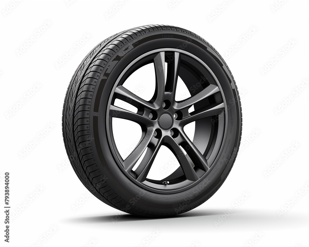 Black alloy wheel with tire isolated on white background 3D illustration