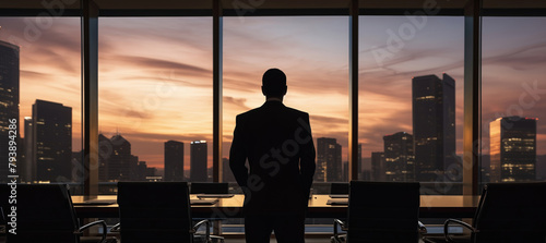Silhouette of successful businessman standing in the office looking at city in panoramic window