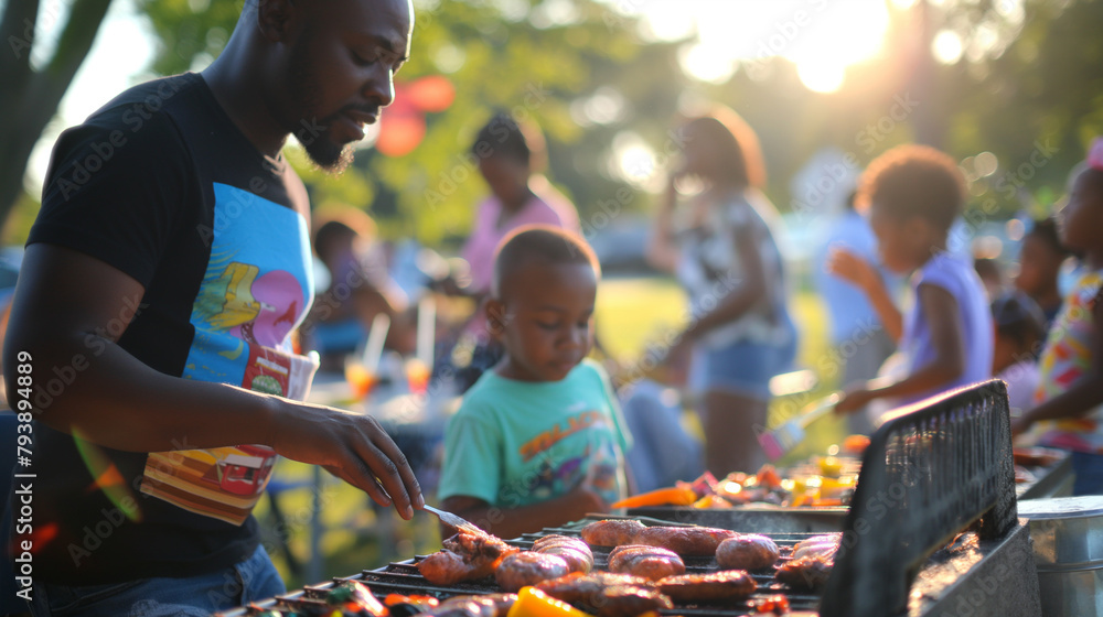African American family grilling with family and friends in background at park.