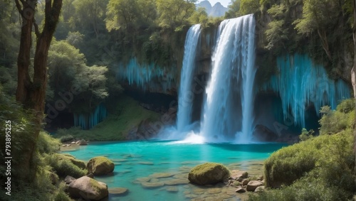 Natural Wonder  Stunning Waterfall with Turquoise-Hued Flow