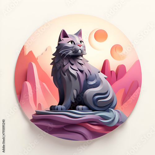  illustration of a cat sitting on a rock in a circle. photo