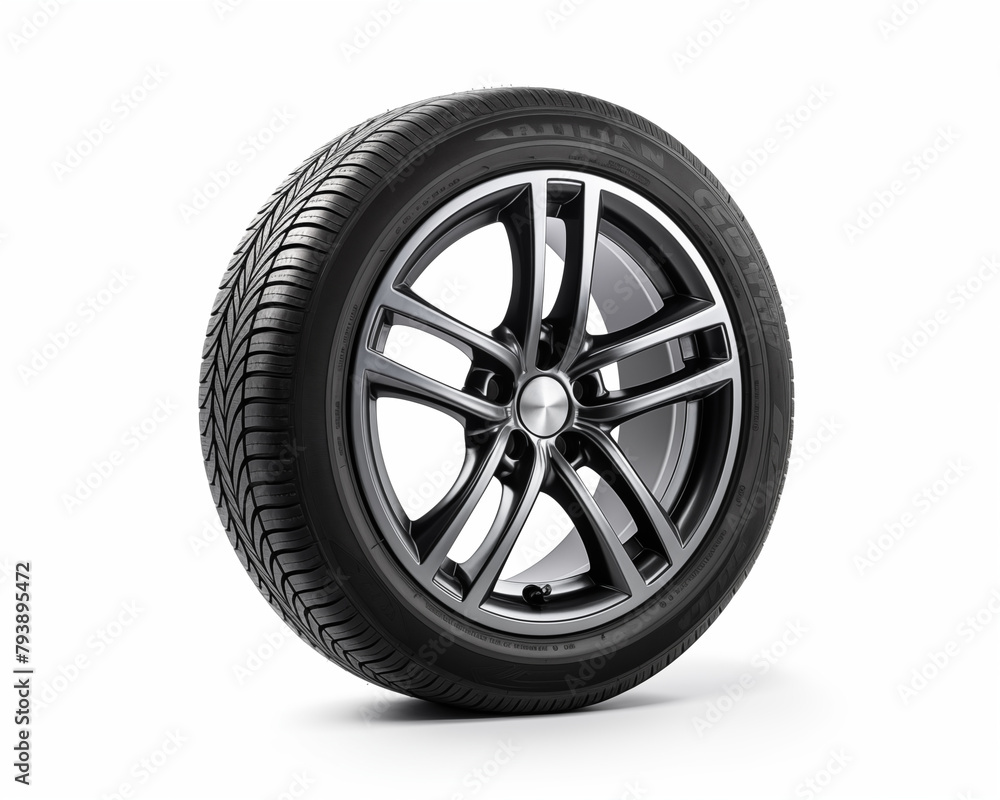 Black alloy wheel with winter tire isolated on white background 3D rendering of a car wheel