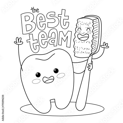 Illustration in black and white of a tooth and a toothbrush hugging and smiling with the phrase the best team, coloring page