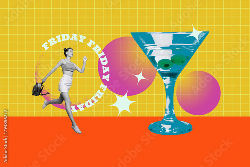 Composite photo collage of happy girl run occasion party huge martini glass alcohol party relax bartender isolated on painted background photo