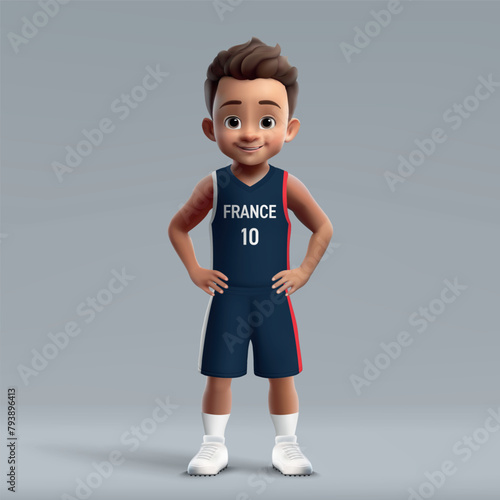 3d cartoon cute basketball player in France national team kit.