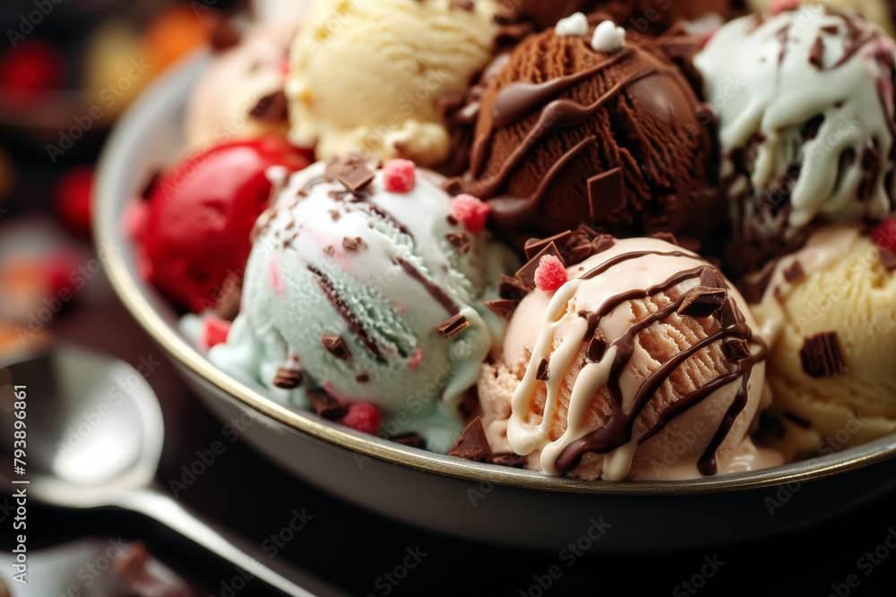 Scoops of ice cream in bowl on table, closeup
