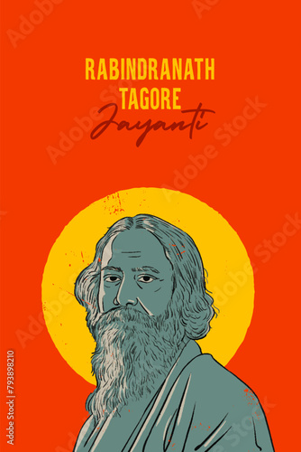 Rabindranath Tagore Jayanti vector illustration. A well known poet, writer, playwright, composer, philosopher, social reformer and painter from India. photo