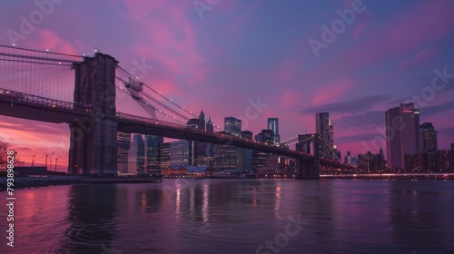 Sunset view of Brooklyn Bridge with Manhattan skyline in the background © Elvin