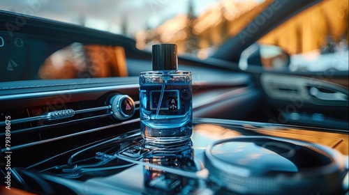 Car fragrance, luxury car interior, dark blue interior color, a bottle of car fragrance in the water cup holder in the car center console. Generative AI. photo