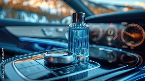 Car fragrance, luxury car interior, dark blue interior color, a bottle of car fragrance in the water cup holder in the car center console. Generative AI. © visoot