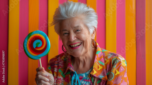 Portrait of a senior woman gray hair, with yellow lollipop, colorful background, happy, joy, pop colorism. photo