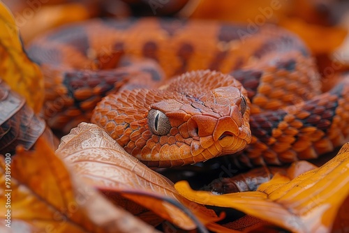 Copperhead Snake: Blending into fallen leaves with its cryptic coloration, representing camouflage