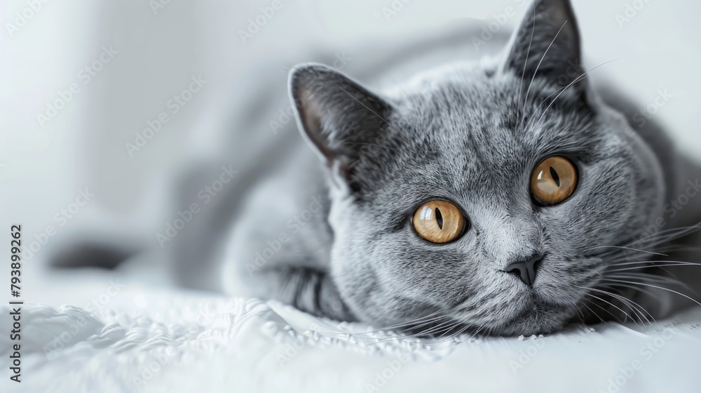 A grey cat rests on a backdrop of white