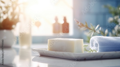 natural organic soap bar in bathroom wellness and spa concept © krissikunterbunt
