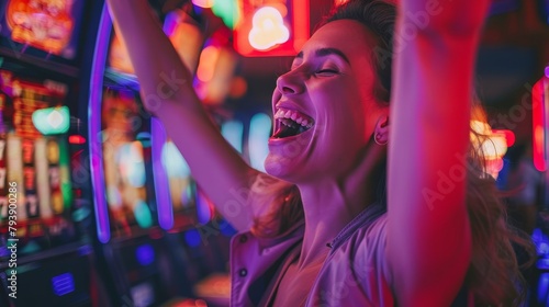 Playing Slot Machines: A photo of a person cheering and clapping while playing a slot machine photo