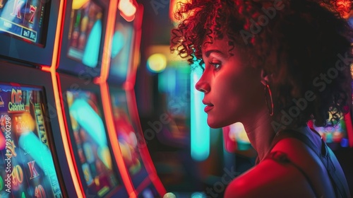 Playing Slot Machines: A photo of a person sitting in front of a slot machine, engrossed in the game with a focused expression