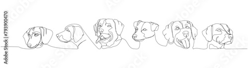 Set of dogs of hunting breeds, guard dog, service dog, companion dog one line art. Continuous line drawing of friend, dog, doggy, friendship, care, pet, animal, family, canine.