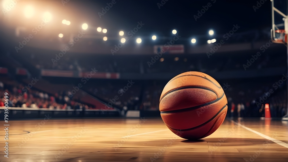 A basketball game is played in a sport arena stadium under a spotlight, with the ball on the ground. Background poster for motivation, sports, and leisure A basketball game is played in a sport arena stadium under a spotlight, with the ball on the ground. Background poster for motivation, sports, and leisure