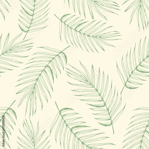 Subtle Green Palm Leaves Decorative seamless pattern. Repeating background. Tileable wallpaper print. (ID: 793900636)