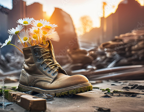 Um coturno militar velho e sujo, com um buquê de margaridas dentro em um ambiente desolado e destruído. Conceito de recomeço e renovação.