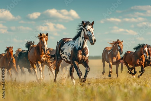 American Paint Horse in the Herd and Running, 8K Landscape Photo Realistic 
