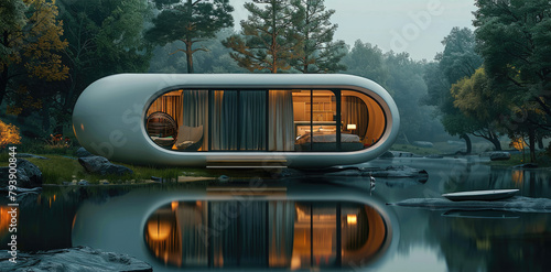 A house with the appearance of a space capsule by the river. The exterior is rectangular. The exterior scenes were shot with a high-definition mirror. Generative AI.