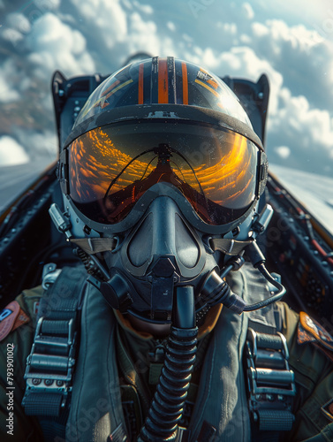 Military fighter pilot in cockpit. agressive weapons in action.