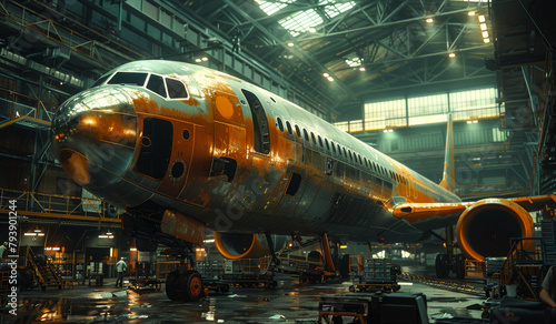 Passenger airplane on the maintenance of engine and fuselage repair in airport hangar