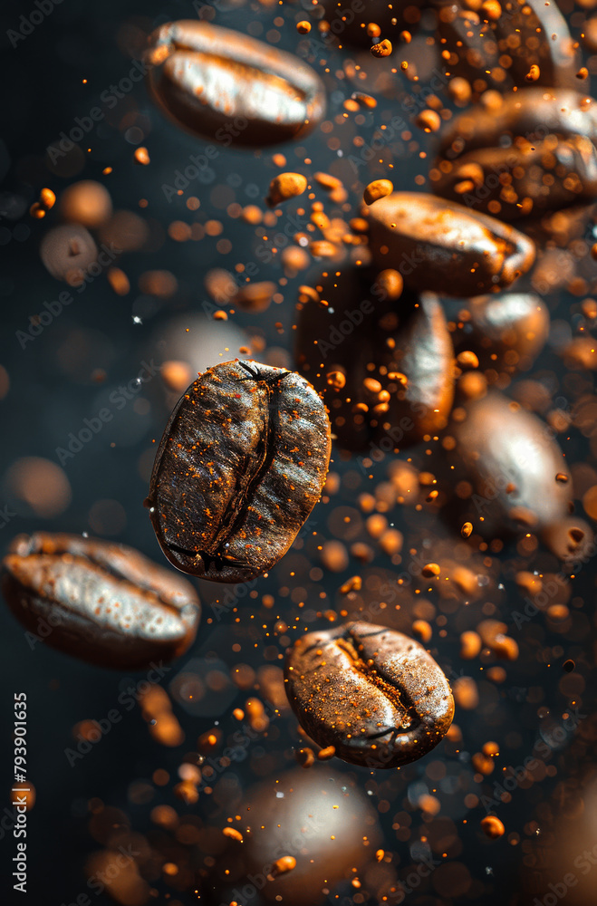 Coffee beans levitate on black background Coffee beans levitate on black background